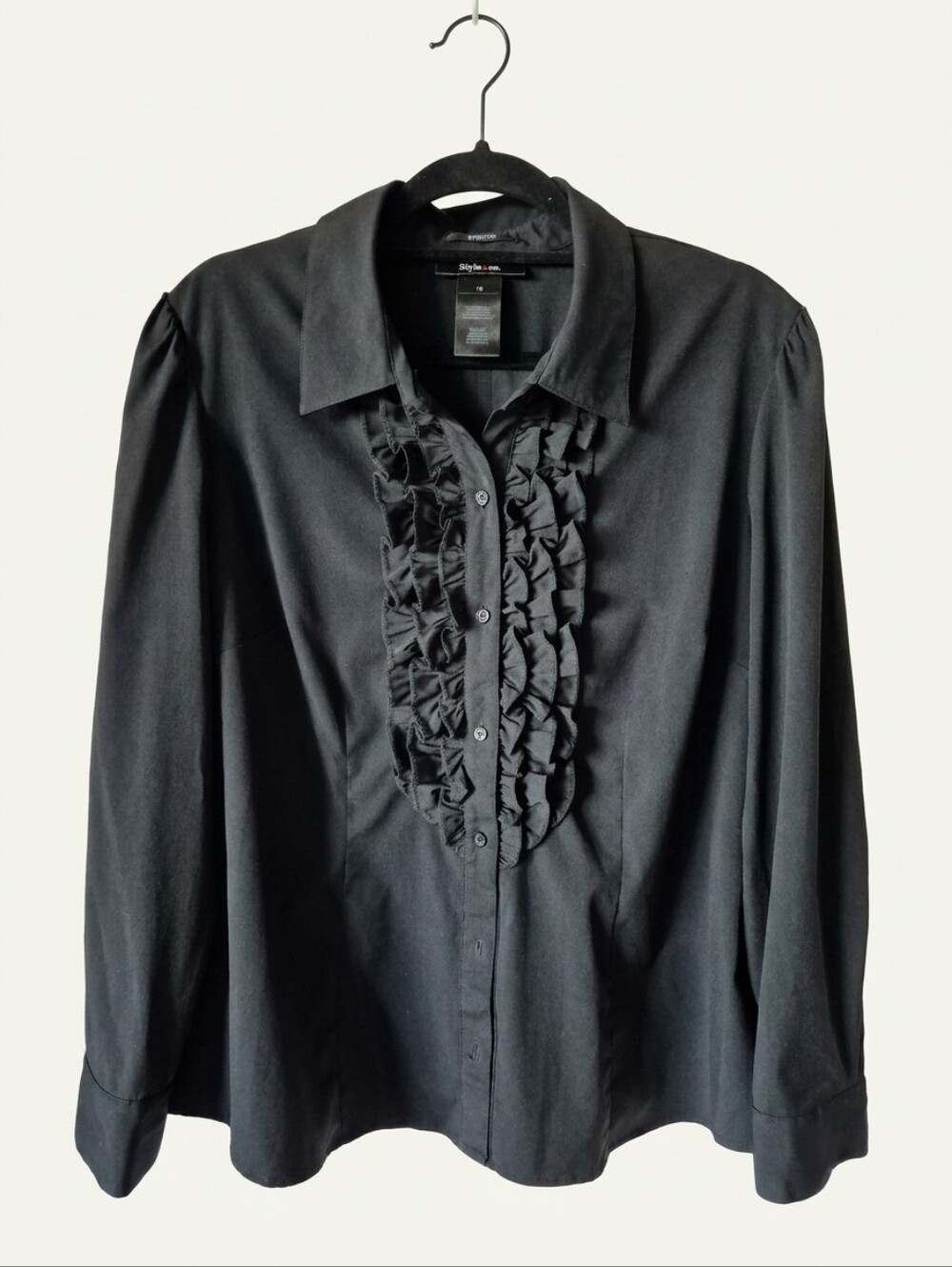 Style & Co Black Ruffle Front Button-Down Stretch Blouse - Women's Size 16